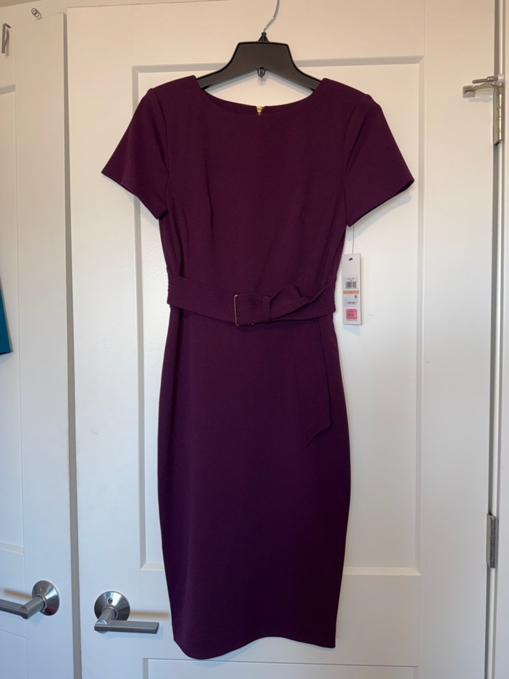 Calvin Klein Short-Sleeve Belted Midi Dress in Plum